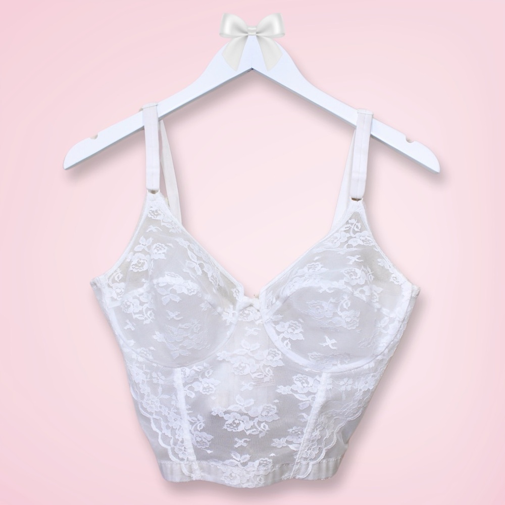 Lady Marlene Vintage Longline Bustier 36C | White Lace, Sheer Panels, Structured